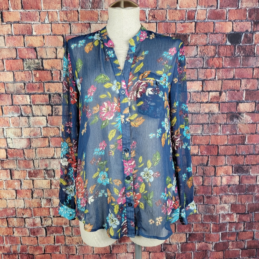 Kut from the Kloth Navy Floral Button-Front Blouse